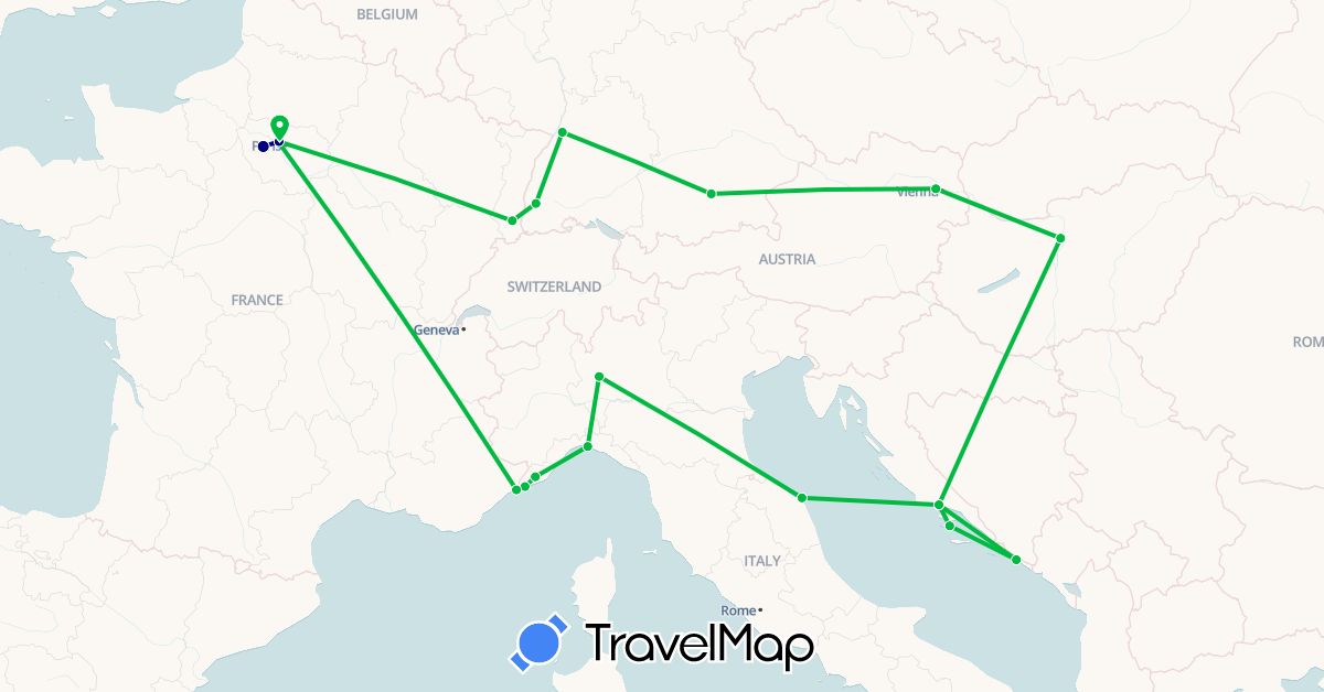 TravelMap itinerary: driving, bus in Austria, Germany, France, Croatia, Hungary, Italy, Monaco (Europe)